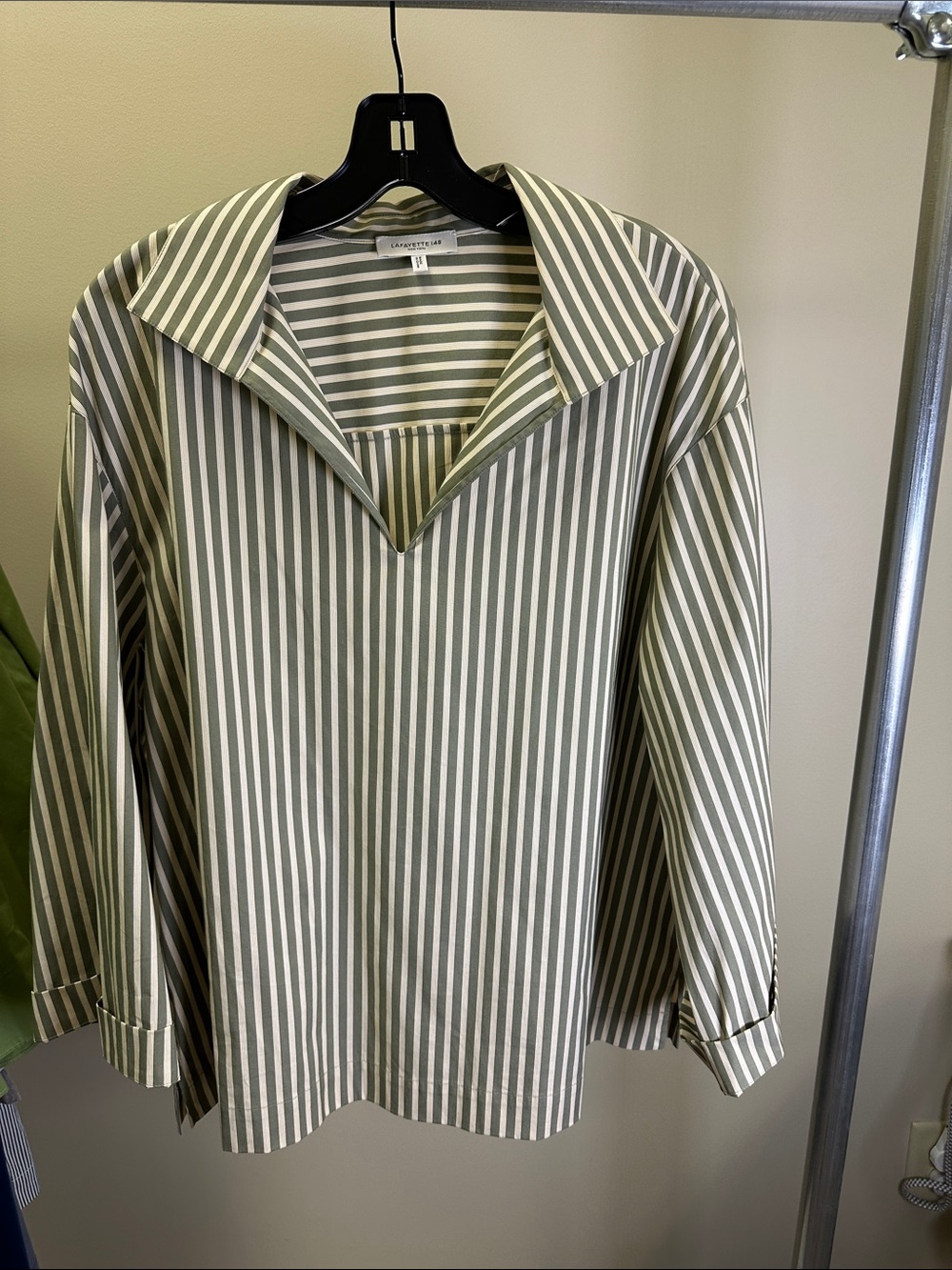 Lafayette 148 New York Olive & White Striped V-Neck Button-Trim Tunic